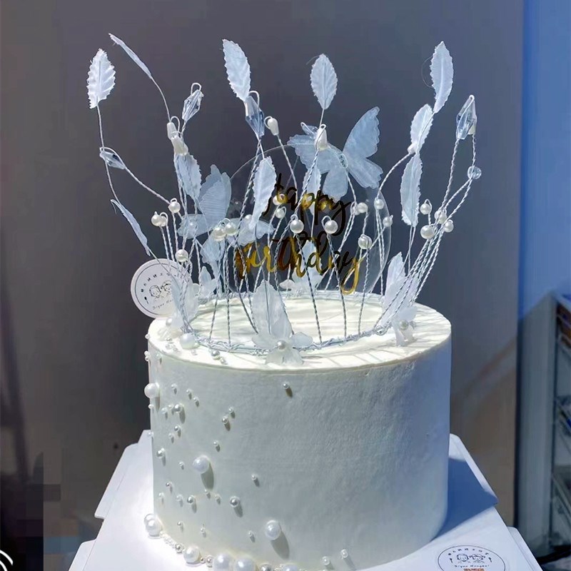 白色树叶流苏海草皇冠蛋糕装饰摆饰唯美森系女神水晶麋鹿烘焙饰品