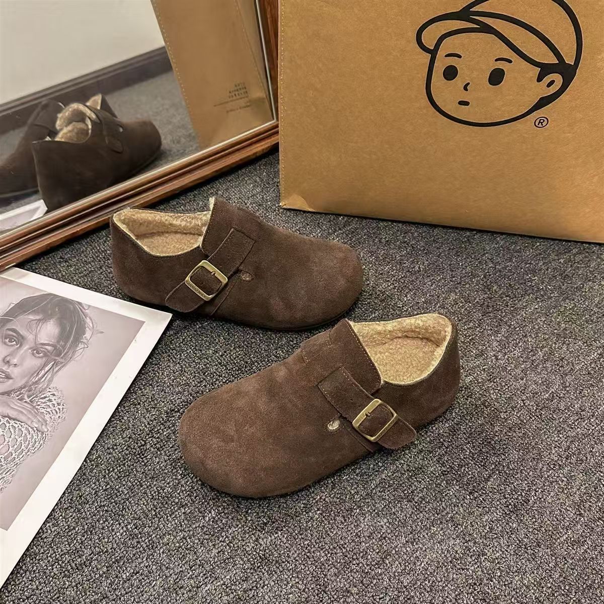 覆古勃肯鞋女2025秋冬新款加绒保暖棉鞋覆古一脚蹬平底单鞋女