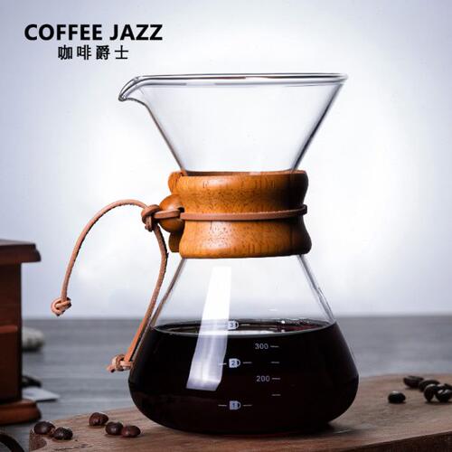COFFEE JAZZ 手冲咖啡V60滴漏壶 鹰嘴木片壶分享壶带刻度耐热玻璃