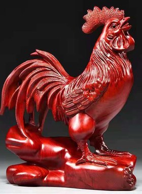 红花梨木雕大公鸡摆件木质动物十二生肖鸡家居电视柜装红木工艺品