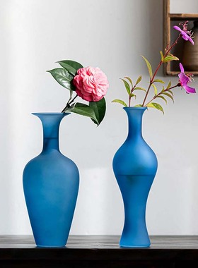 仿宋雀蓝色玉净瓶磨砂玻璃花器透明中式复古文人书房茶室花瓶摆件