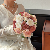 复古莫兰迪玫瑰手捧花仿真花高级感新娘领证假花结婚仿生花束摆件