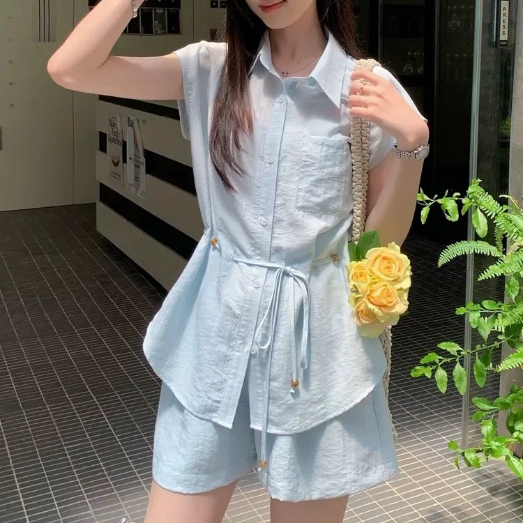 收腰翻领衬衫短裤两件套小个子女2025夏季洋气质天丝休闲显瘦套装