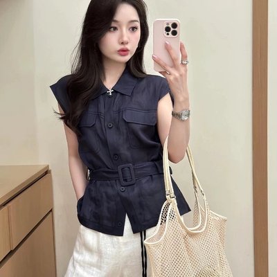法式轻奢藏蓝色Polo领小飞袖衬衫女夏高级感洋气减龄无袖背心上衣