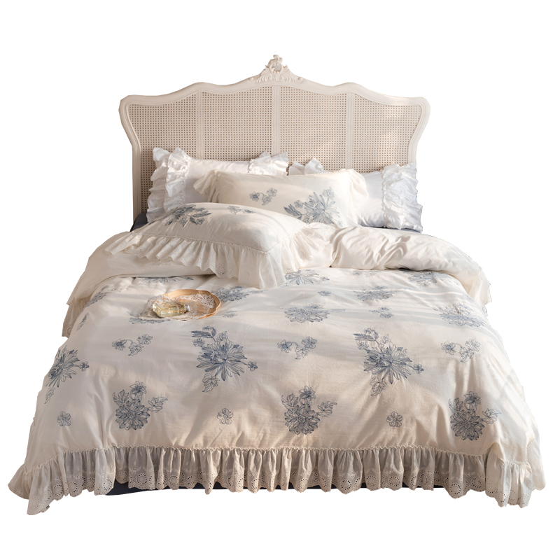 梦游仙境古风白底蓝花刺绣全棉四件套韩式镂空花边床品