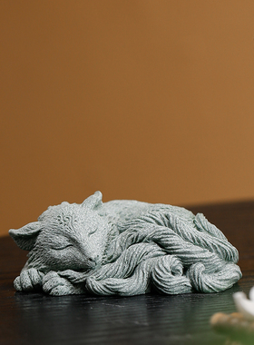 精品九尾灵狐盖置茶宠摆件创意青砂石灵兽盆栽微观鱼缸造景装饰品