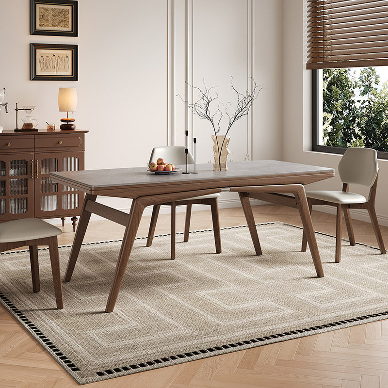 实木岩板餐桌长方形现代简约白蜡木胡桃色哑光灰色岩板饭桌子家用