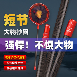短节碳素捞网竿套装加厚超硬迷你可携式大物捞网杆伸缩杆捞鱼网兜