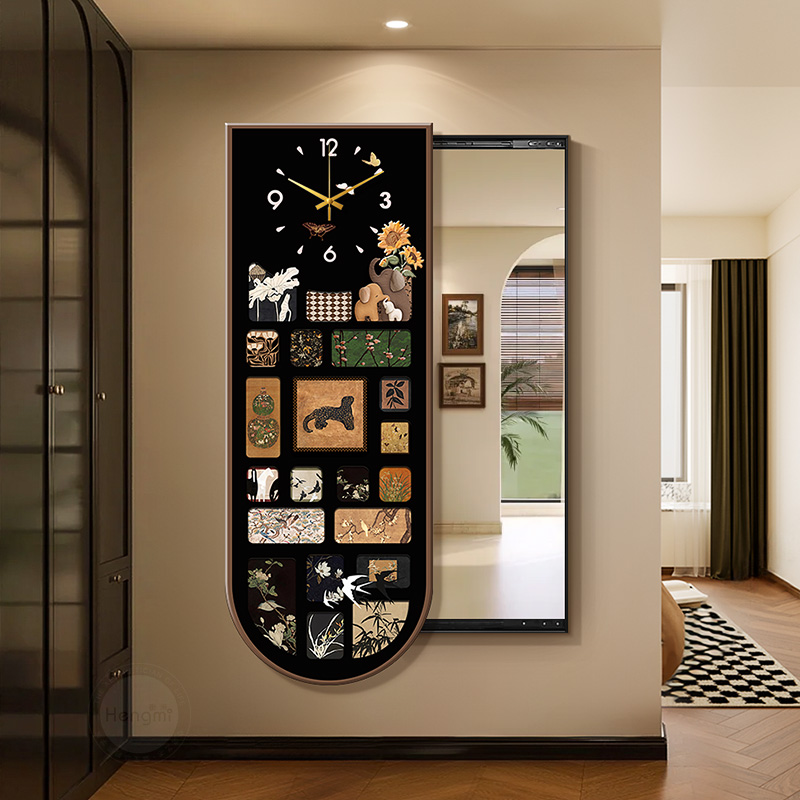 中古风复古穿衣镜带钟表卧室隐藏式全身镜玄关推拉式可关闭镜子画