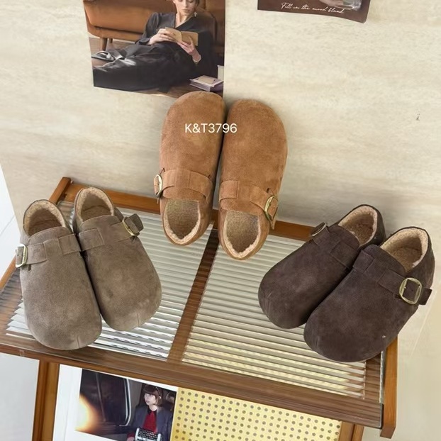 真皮加绒复古勃肯鞋女2025秋冬新款百搭增高防滑软底一脚蹬乐福鞋