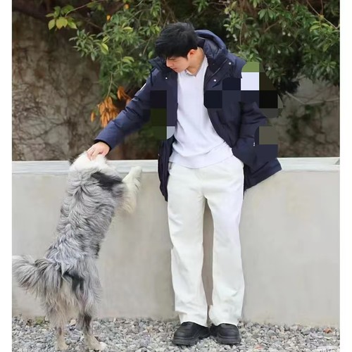 极简风连帽羽绒服男中长款深蓝色保暖外套冬季加厚