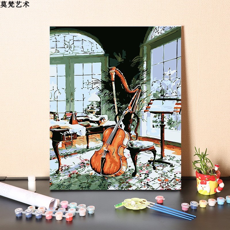 数字油画diy手工填充欧式复古大提琴装饰画手绘涂色丙烯油彩画画图片