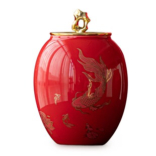 陶瓷茶叶罐超大号红釉密封罐防潮存储茶仓锦鲤茶礼茶包装礼盒定制