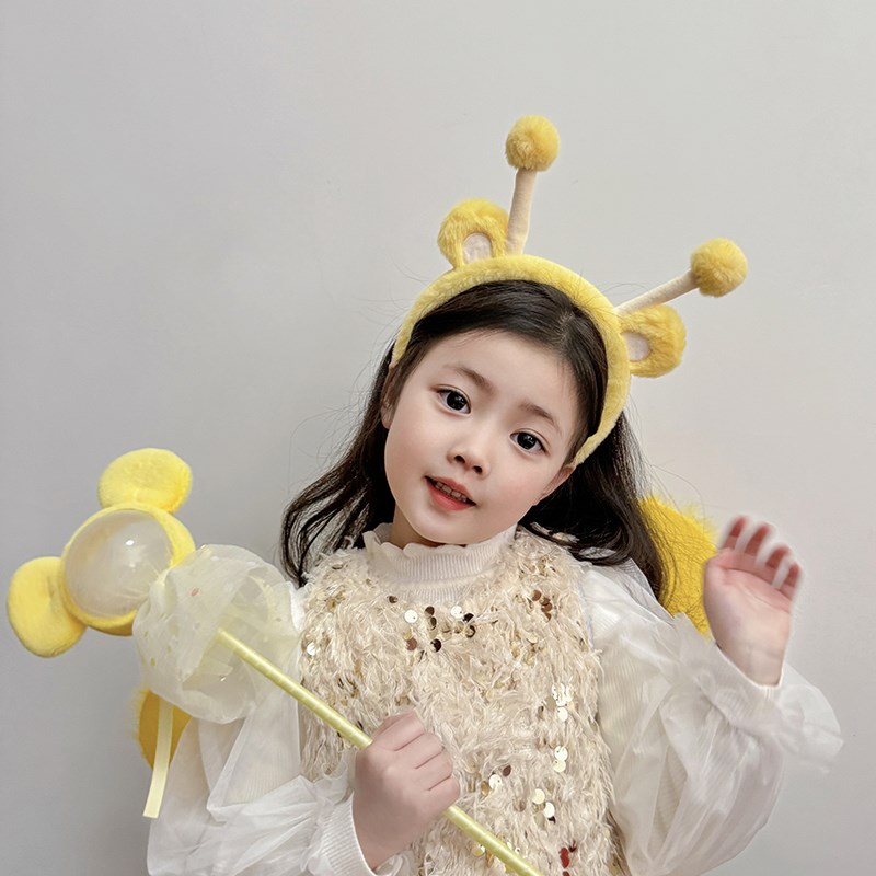 秋冬毛绒黄色蜜蜂发箍超萌可爱儿童发夹魔法棒仙女棒毛绒翅膀背饰