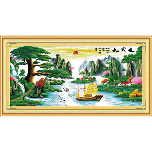 纯手工绣好的十字绣成品旭日东升迎客松财运版2.5米机绣客厅大幅