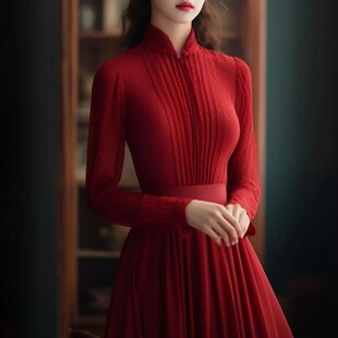新中式国风连衣裙立领高级感改良旗袍裙红色圣诞结婚礼服长裙秋冬