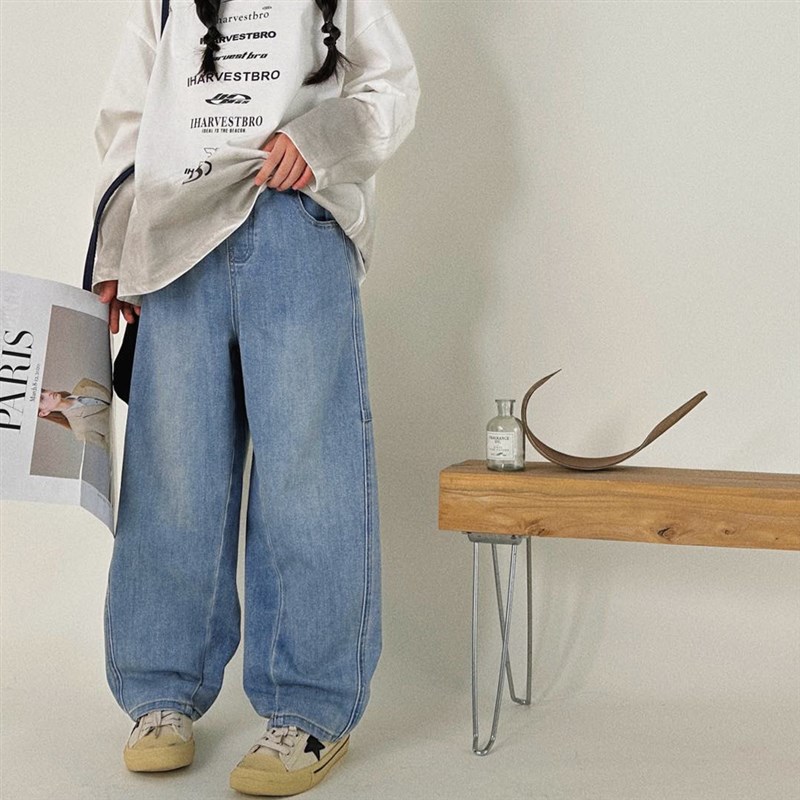 洋气童装2025春款儿童女童水洗弯刀牛仔裤宝宝中大童弹力宽松裤子