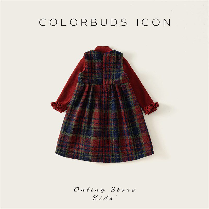 女童格子背心裙2024冬季新款加绒连衣裙儿童红色毛衣公主裙套装