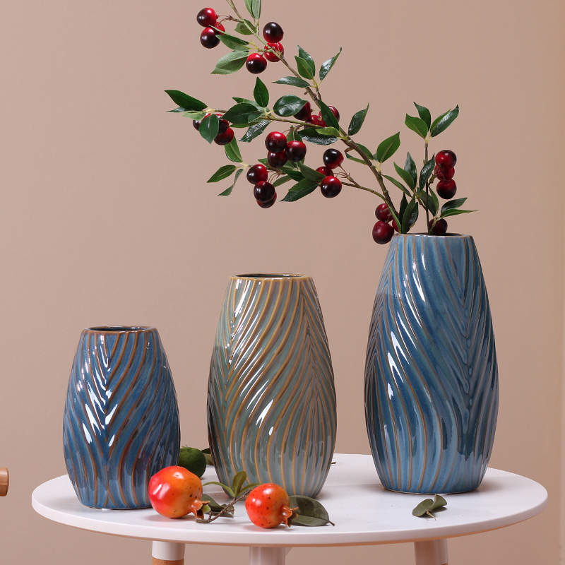 永悦 景德镇竖条波纹陶瓷花瓶 欧式家居客厅装饰摆件花器插花瓶子