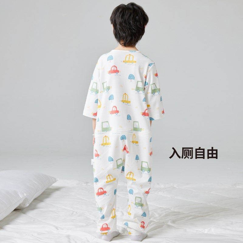 灵灵多夏季薄款男童连体睡衣中大童纯棉睡袋宝宝连身睡衣空调服