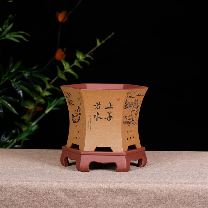 宜兴绿色灰色黄色黑色古典桌面陶瓷紫砂 六方兰花盆景盆树桩包邮