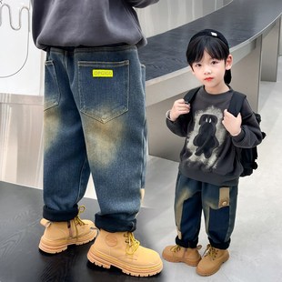 男童裤子加绒秋冬款2024新款冬装加厚牛仔裤儿童宽松男孩潮酷棉裤