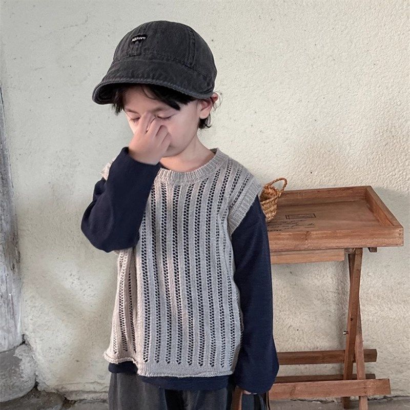 暮晨家新款春装2025男童镂空毛线衣马甲中小童森系复古背心针织衫