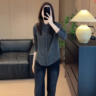 港味复古磨毛加厚格子衬衫女秋冬2024新款长袖内搭叠穿打底衫上衣