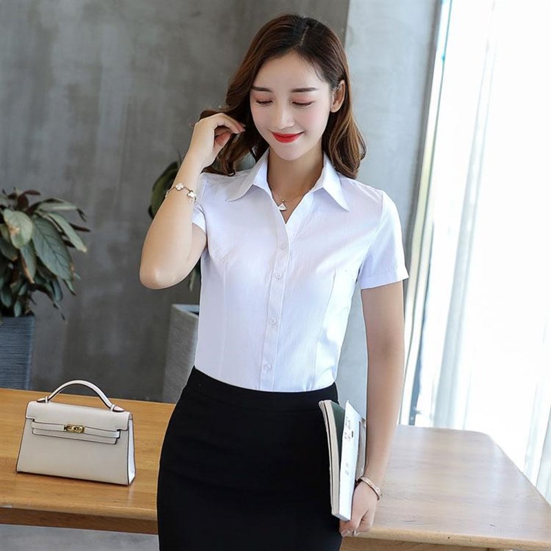 纯白衬衫修身收腰短袖职业工装长袖女蓝条纹衬衣加大码V领工作服