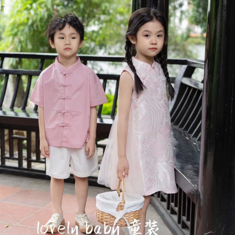 姐弟装多色新中式姐弟装女童国风纱纱裙旗袍男童对襟套装短袖
