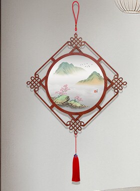 青绿山水画中国结大挂件新中式客厅书房禅意装饰画玄关餐厅挂饰