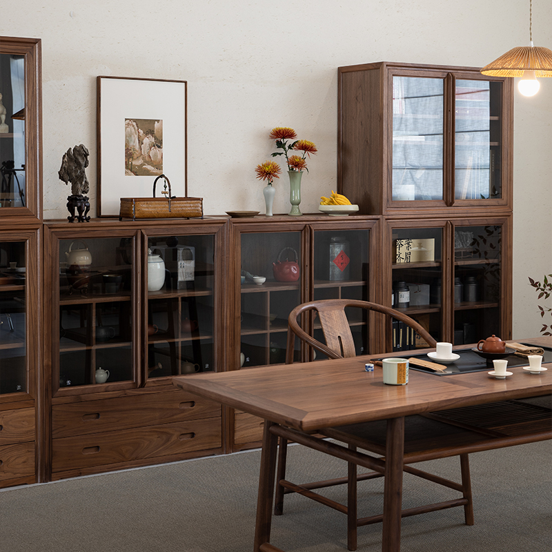 璞木新中式黑胡桃木书柜实木储物柜展示柜整面墙玻璃带门落地客厅