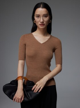 SOUL JUC可机洗美丽诺18针无缝一体细羊毛衫V领修身打底衫薄针织