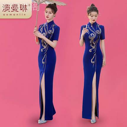 2025新款新式中表改良旗袍2024新款走秀中舞台演出服团队长款高端