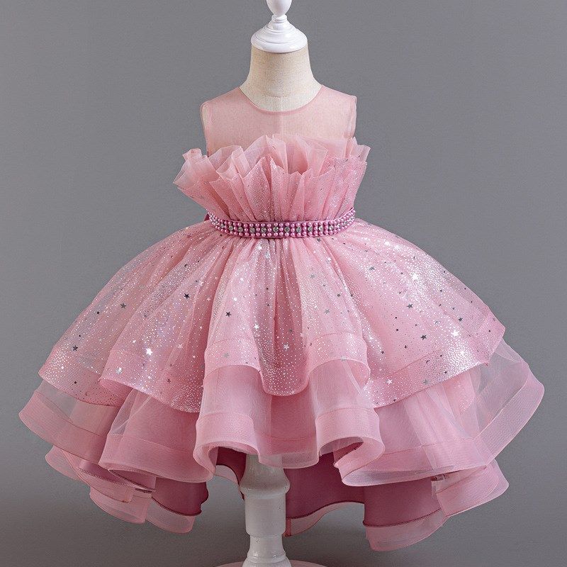 新款女童中大童公主风花边拖尾主持人连衣裙秋冬表演裙花童礼服裙