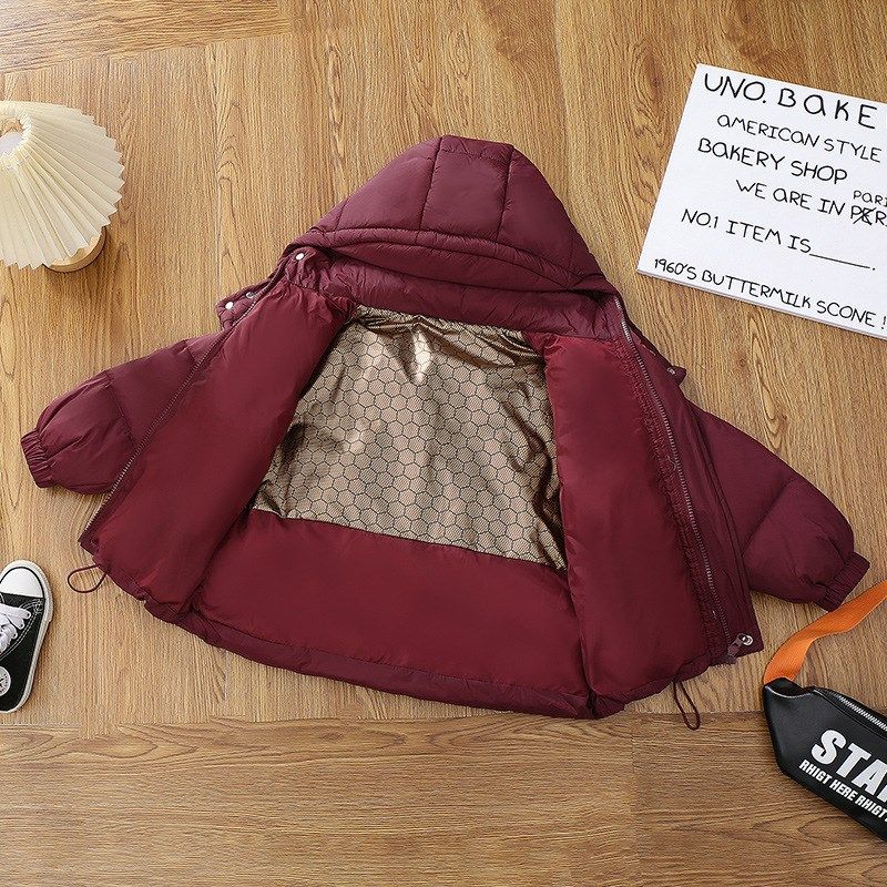 儿童连帽羽绒服男短款冬季保暖加厚外套中大童宝宝冬装安可拉红色
