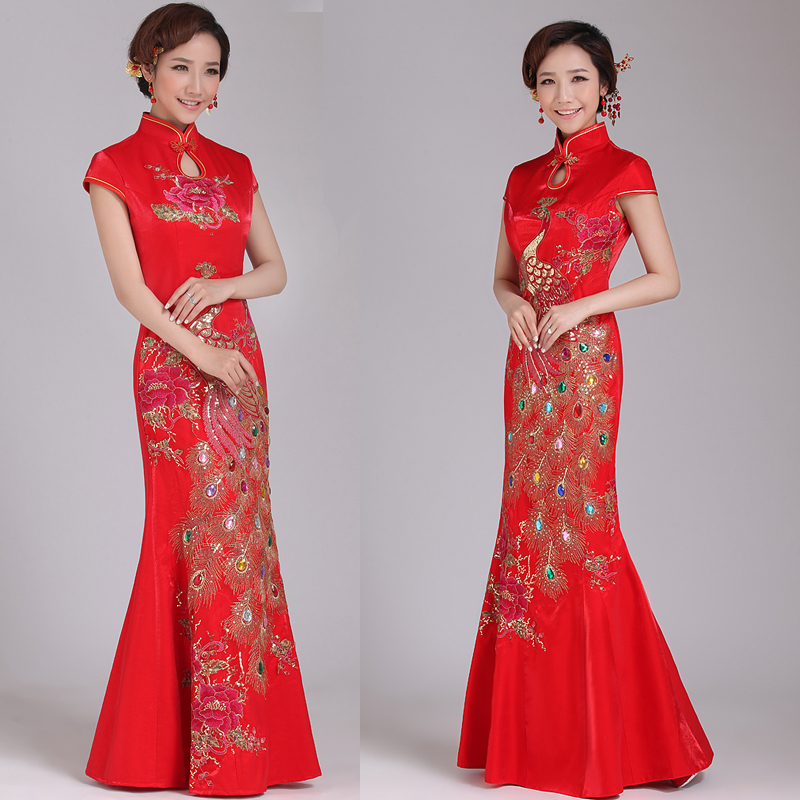 2021新款长款红色结婚礼服演出服锦缎新娘鱼尾旗袍敬酒服夏QP1823