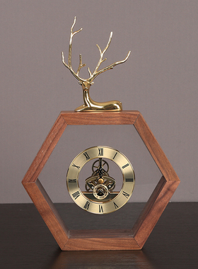 创意新中式胡桃木铜鹿座钟静音时钟台钟摆件客厅玄关卧室装饰钟表