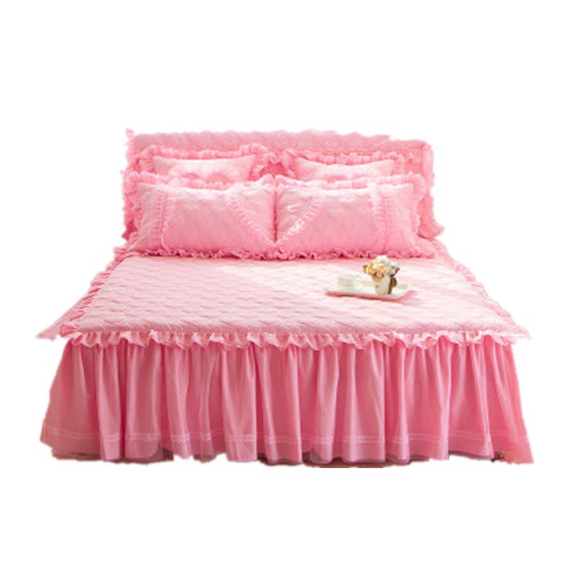 床裙床罩+床头罩夹棉婚庆大红色公主风蕾丝床套四件套1.8床头套罩