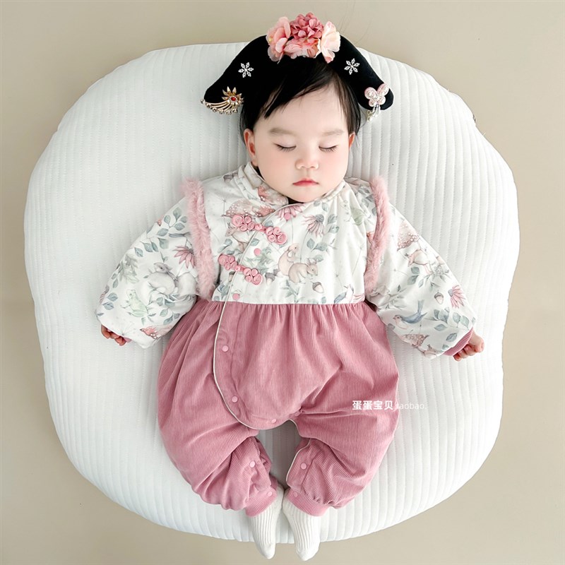 中式婴儿衣服女宝宝冬装旗袍秋冬季连体满月百天周岁礼服夹棉冬天