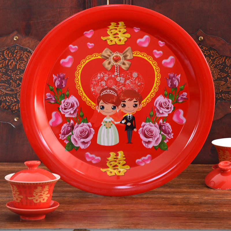 结婚用品婚庆敬茶托盘红色喜字茶盘喜庆盘子大红家用圆盘陪嫁婚礼