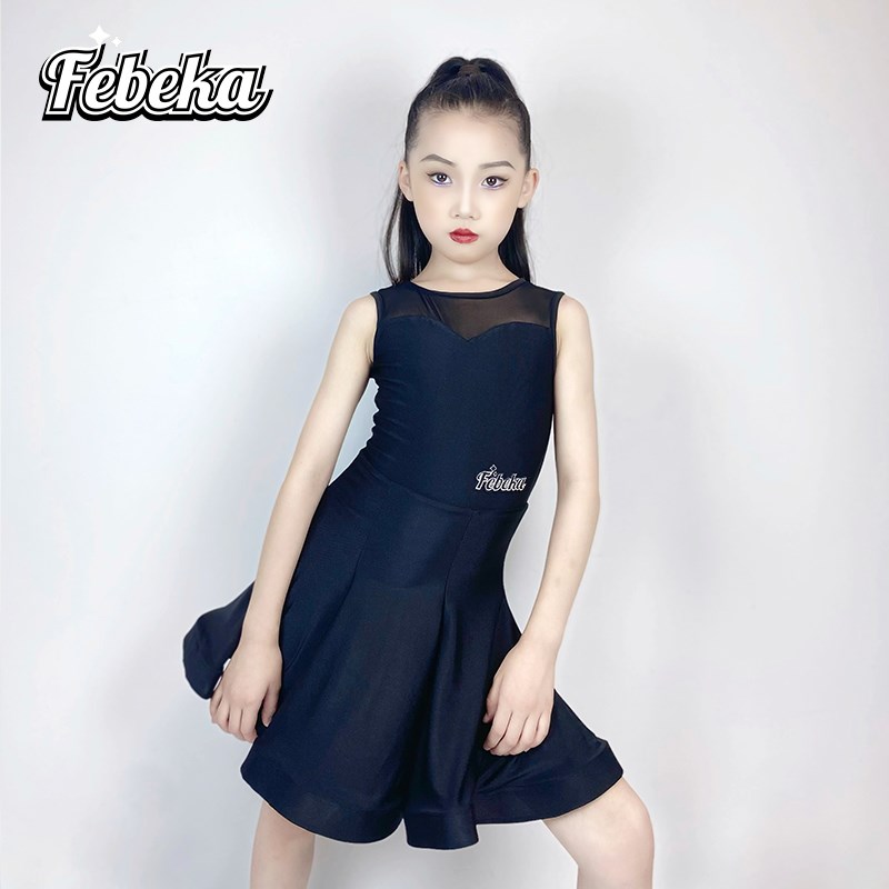 菲贝咔少儿拉丁舞服女童2024新款夏季连衣裙套装黑色网红表演专业
