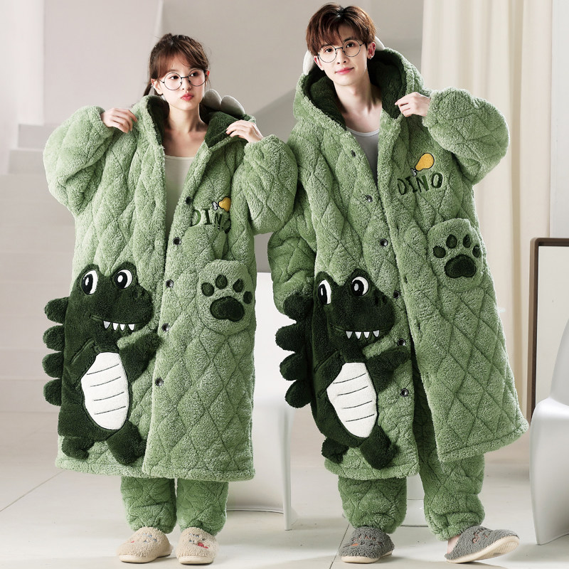 情侣睡衣冬季珊瑚绒加绒加厚三层夹棉男款女睡袍卡通家居服秋冬款