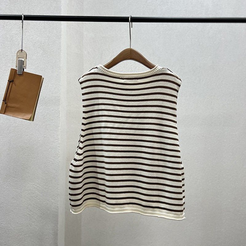 港风文艺范一七然秋季新款舒适百搭个性条纹圆领卷边针织马甲背心