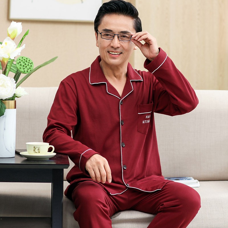 中年爸爸男士春秋季纯棉长袖家居服父亲全棉开衫宽松大码套装睡衣