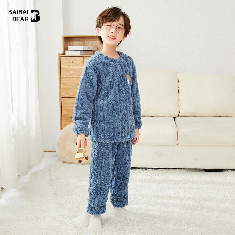 儿童睡衣秋冬季法兰绒女童冬天套头珊瑚绒加绒男童加厚家居服男孩