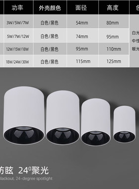 黑色led明装防眩射灯3W5W7W12W15W18W24W免开孔天花筒灯聚光24度