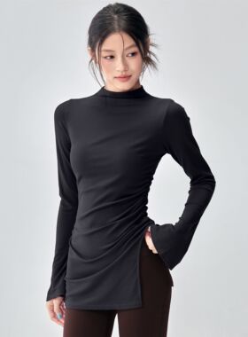 秋冬长袖半高领显身材时尚紧身运动喇叭罩衫普拉提训练紫色上衣女