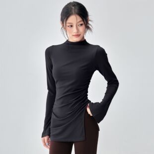 秋冬长袖半高领显身材时尚紧身运动喇叭罩衫普拉提训练紫色上衣女