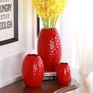 插花庆摆件客厅喜北欧一对花瓶陶瓷红色装饰大口径结婚中国红新房
